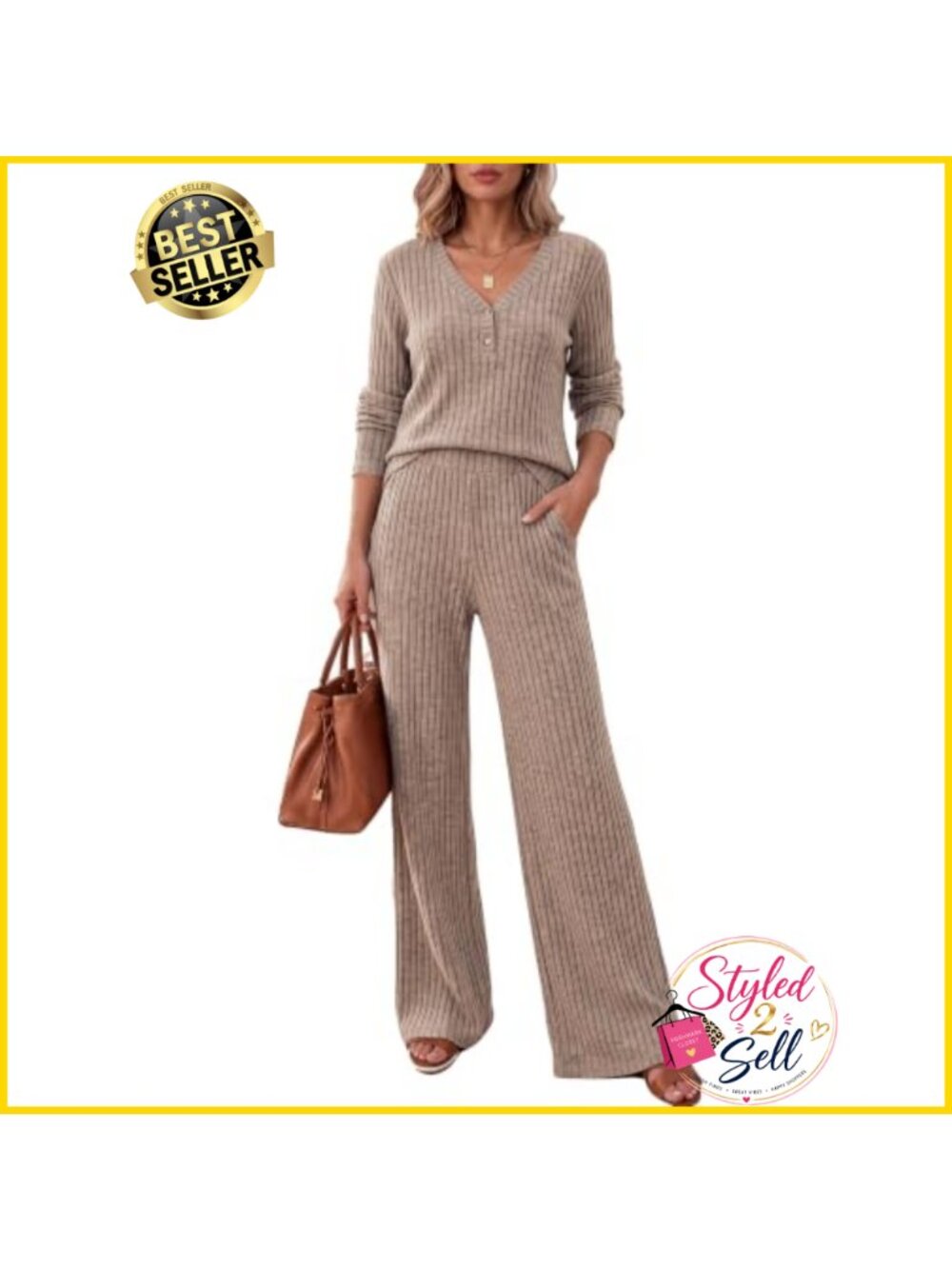 Women's Ribbed Knit Lounge Set V-Neck Top Wide Leg Pants 2 Piece